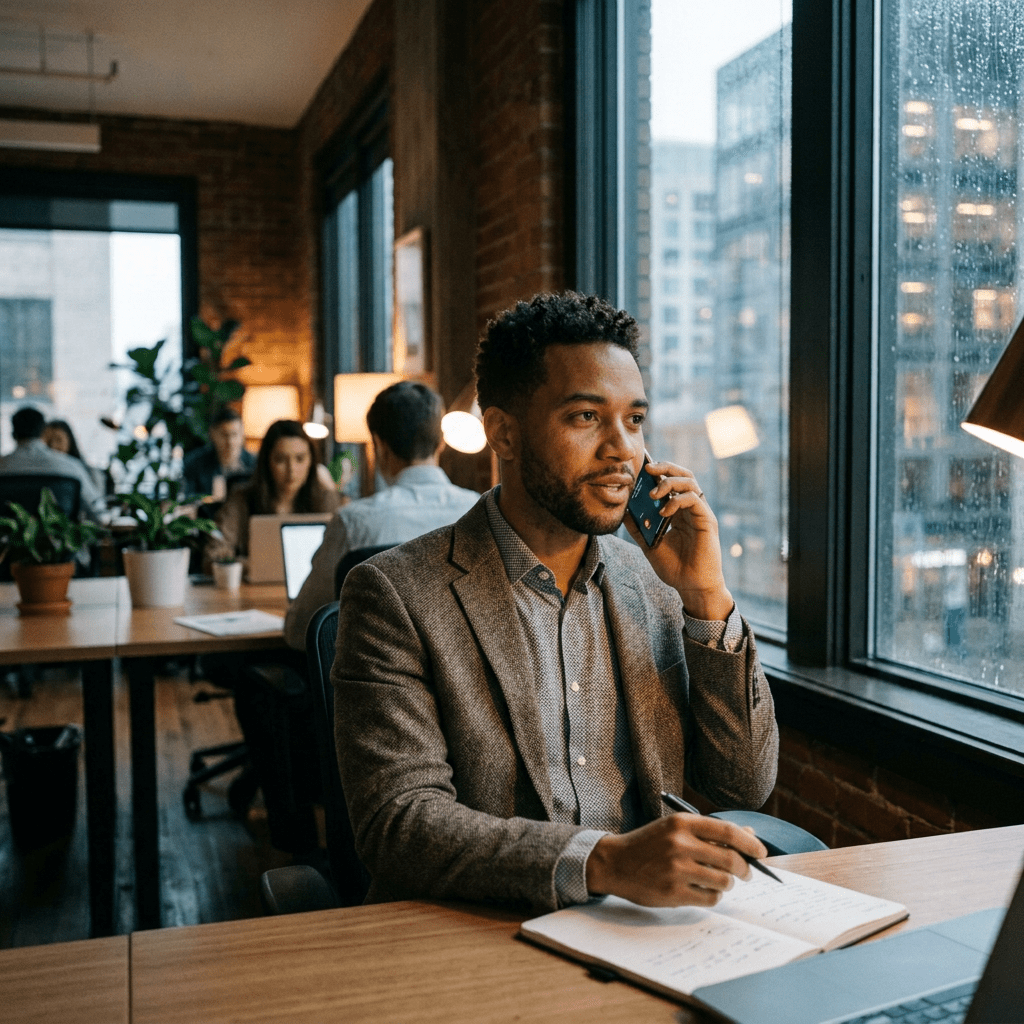 Woman talking on phone and writing notes at a desk in a busy office